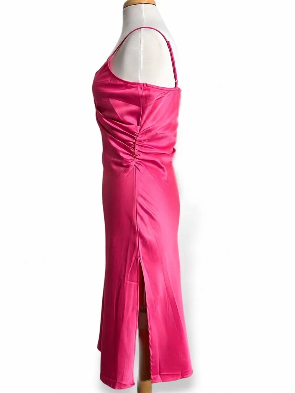 Glam Hot Pink Satin Slip Midi Dress Ruched Barbiecore Cocktail Party Womens S - Picture 6 of 11